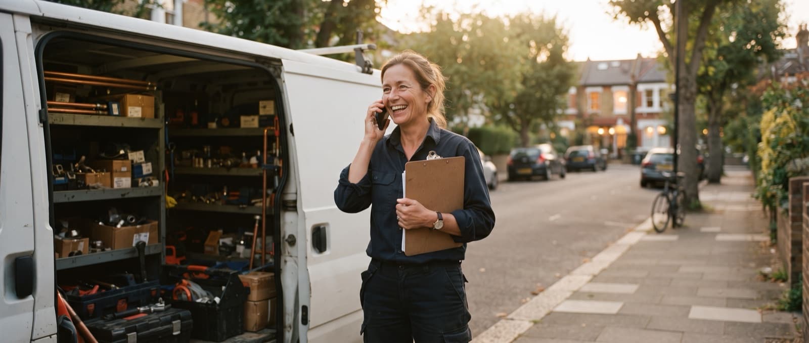 A plumbing company owner laughing on the phone beside her service van